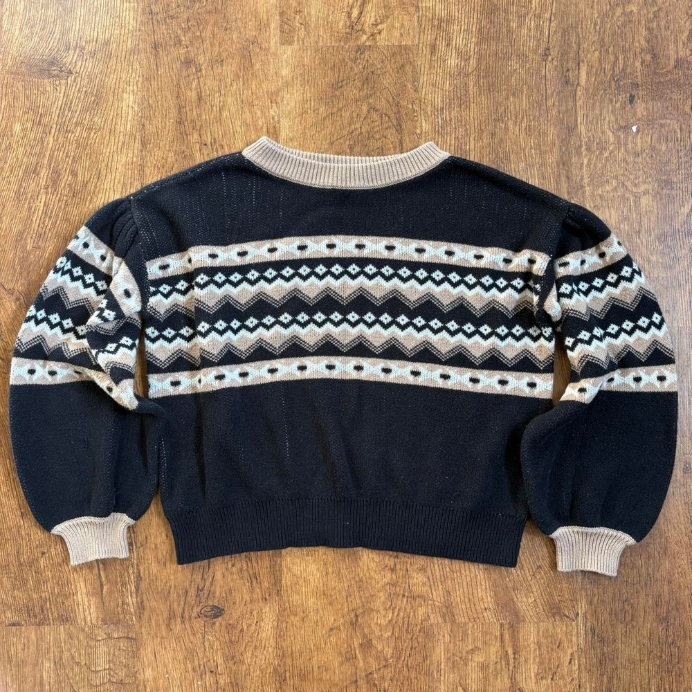 Treasure & Bond Fair Isle Knit Sweater Black Tan Balloon Sleeve Womens XL